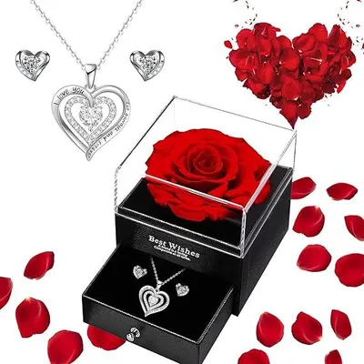 Produktbild von Silberkette mit Echter Ewiger Rose & Herzanhänger –  Schmuckset mit Ohrringen – Perfektes Geschenk für Frauen zu Weihnachten, Gebur
