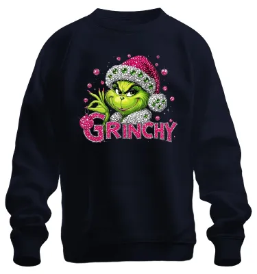 Zdjęcie produktu dla Bluza z nadrukiem Grinch, brokatowa, z kryształkami, różowo-zielona, świąteczna, zabawna, uni , granatowa, rozmiar L