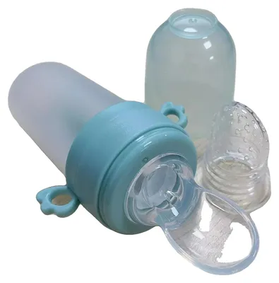 Image de Biberon avec cuillère pour nourrissons, fabriqué en silicone, capacité de 220 ml, couleur bleue