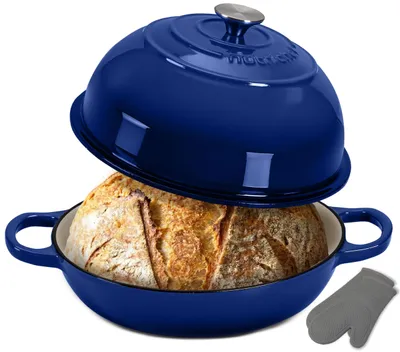 Image de Casserole en fonte NutriChef pour la cuisson du pain, 26 cm, type "Dutch Oven", émaillée, couleur bleue – Avec décor