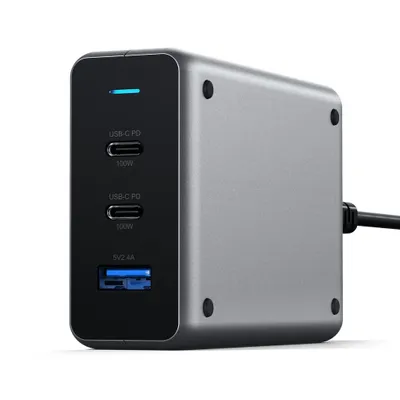 A Satechi USB-C 3-port GaN compact charger with multiple ports is shown against a white background.