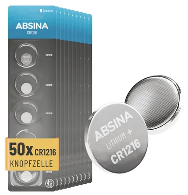Produktbild von ABSINA CR1216 Knopfzelle Lithium 3V - CR 1216 Batterie - 50er Pack CR 1216 Knopfzellen mit langer Haltbarkeit