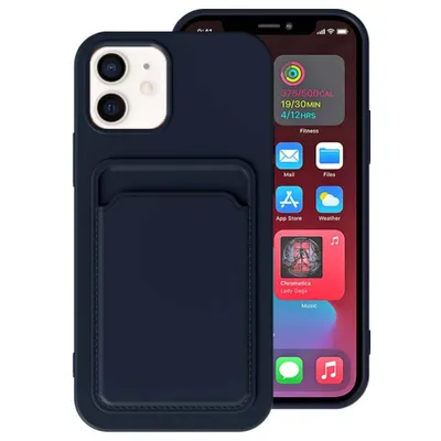 A dark blue iPhone case with a cardholder slot is shown on a light gray background, next to an iPhone displaying app widgets.