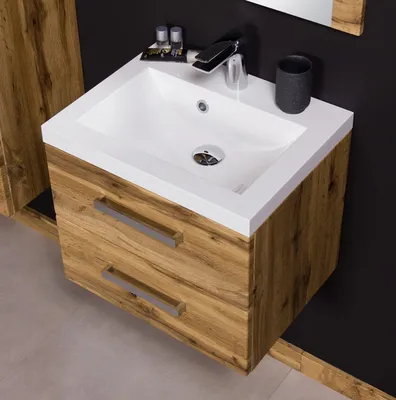 Produktbild von Quentis Badmöbel Genua, Breite 60 cm, Holzdekor Eiche Natur, 2 Schubladen, Softeinzug, Waschbeckenunterschrank montiert