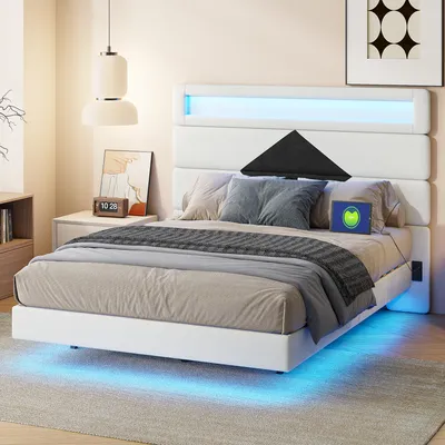 Immagine prodotto di Letto 140x200 cm, Letto galleggiante con testata a diamante, con illuminazione USB e LED, - Bianco