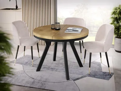 Produktbild von Designer Runder Ausziehbarer Esstisch - Loft-Stil, Industriell, Platzsparend - Schwarze Beine - 100 bis 200 cm - für 5-10 Personen - Hergestellt in EU - Lancelot Eiche - 200 cm