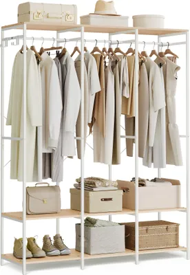 Produktbild von SONGMICS Kleiderschrank offen, Garderobenständer mit Kleiderstange, Ablagen, abnehmbare Haken, 40 x 141 x 180 cm, Naturbeige