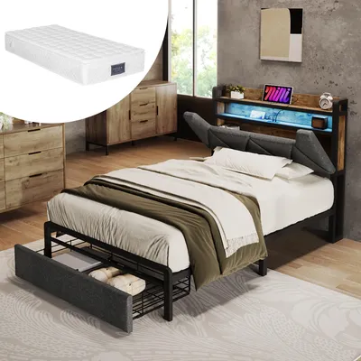 Image de Lit rembourré Lit simple 90 x 200 Lits de rangement Cadre de lit avec sommier à lattes métalliques, grisAvec matelas