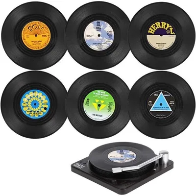 Produktbild von Vinyl Schallplatten Untersetzer mit Plattenspieler – 6er Set – Anti-Rutsch Gläseruntersetzer – LP Vintage Party Deko – Rund – Musik Geschenk