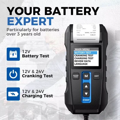 Immagine prodotto di Tester per batterie – Tester per veicoli a 12V e 24V con test di carica e avviamento digitale