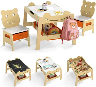 Produktbild von COSTWAY Kindertisch mit 2 Stühlen, Maltisch 5 in 1 mit Tafel, Whiteboard, 4 Haken & Stoffbehältern, Kindersitzgruppe für Kinder von 3-10 Jahren, Natur