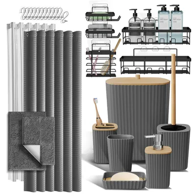 Image de Panier de rangement pour la douche et ensemble d'accessoires de salle de bain comprenant des tapis de bain, ensemble de 27 pièces pour la salle de bain