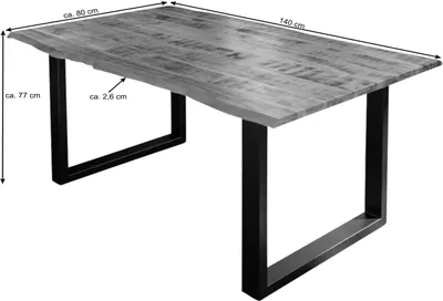 Produktbild von Esstisch Darwin 140 x 80 cm, Mangoholz massiv, lackiert & naturfarben, Baumkantentisch mit Metallgestell in Silber, echte Baumkante, 26 mm