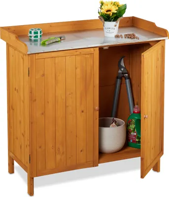 Immagine prodotto di Tavolo da giardinaggio Relaxdays con mobile base, in legno, piano di lavoro in stagno, A x L x P: 94 x 94 x 47 cm, mobile da giardino per esterni, arancione