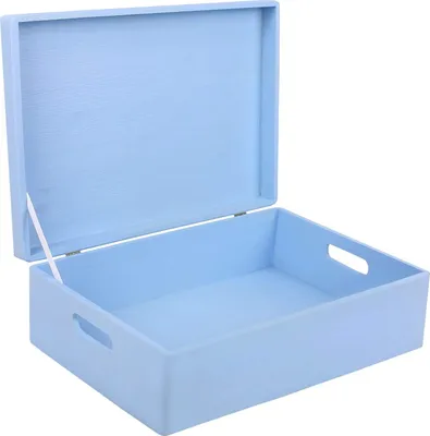 An open light blue wooden storage box with handles, shown from a slightly elevated angle against a white background.