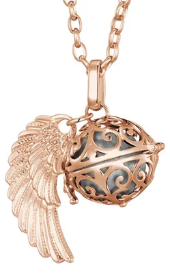 Produktbild von Morella Damen Halskette roségold Edelstahl 70 cm mit roségoldenem Anhänger Engelsflügel und Klangkugel silber Ø 16 mm in Schmuckbeutel