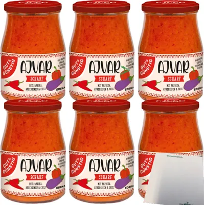 Produktbild von Gut & Günstig Ajvar scharf mit Paprika und Auberginen 6er Pack (6x340ml Glas) + usy Block