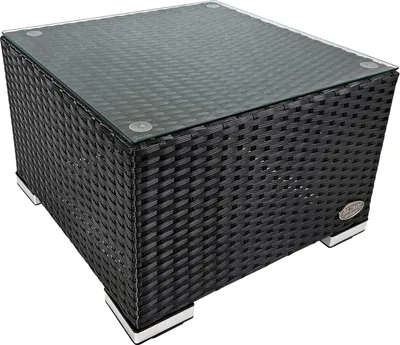 A black rattan side table with a glass top, shown from a slightly elevated angle against a white background.
