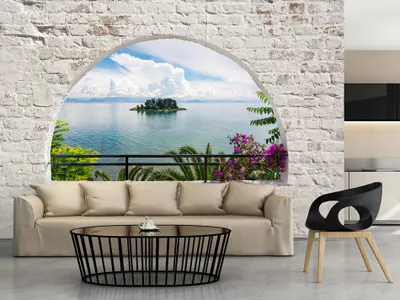 Produktbild von Vlies Fototapete 400x280 cm Tapeten Wandtapete XXL Landschaft Natur Palmen Blumen Fenster Steinoptik c-A-0051-a-c