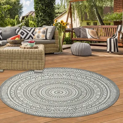 Image de Tapis rond d'extérieur à motifs ethniques - gris et blanc intemporels, élégant et résistant aux intempéries Taille - 120 cm Rond