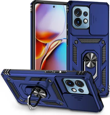 Image de Etui pour Motorola Edge+ (2023) étui double couche avec protection coulissante de l'appareil photo et anneau de support bleu
