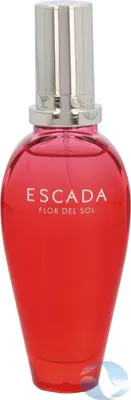 A red perfume bottle with a silver cap against a white background.