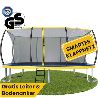 Produktbild von Zero Gravity Trampolin 457x305 cm inkl. Leiter & 4 Bodenanker / Schneller Auf- und Abbau dank smartem Klappnetz / Max. 130 kg / Ultima 5 Fun-Edition