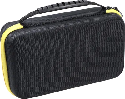 A black and yellow hard-shell storage case for a multimeter.