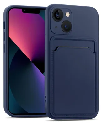 A dark blue iPhone case with a card holder slot is shown next to an iPhone.