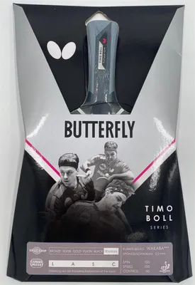 The image shows the packaging of a Butterfly Timo Boll Titanium table tennis racket.