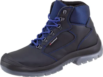 A single black and blue work boot is shown against a white background.