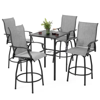 Produktbild von Avestar 5-tlg. Gartenbar Set, 4 drehbare Barhocker aus Textilene, Bartisch mit Lattenrost und Schirmloch, Grau und Schwarz