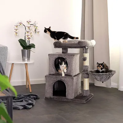Produktbild von Lionto Kratzbaum für Katzen - Plüschball - Glöckchen - Liegefläche - Höhe 70 cm - Katzenbaum - Sisal - Plüsch - Bequemer Liegeplatz - Höhlen - Geeignet für kleine Katzen - große Katzen - Dunkelgrau Kratzbaum