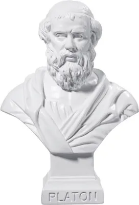 A white bust of the Greek philosopher Plato on a white pedestal.