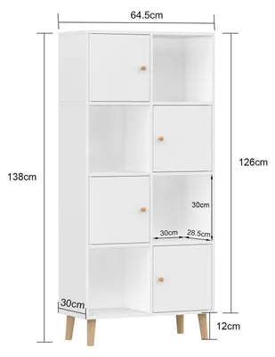 Image de Étagère bibliothèque avec 8 compartiments et 4 portes, étagère de rangement, blanche, 64,5 x 30 x 138 cm