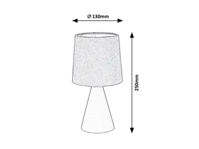 A line drawing of a table lamp with dimensions indicated.