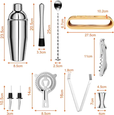 Produktbild von 750 ML cocktail set, 10 stš¹ck edelstahl shaker mixer mit Holzst?nder, professionelle barkeeper zubeh?r, mit doppel messbecher, l?ffel, Pourer, mischen getr?nken, zuhause, bar, party (Silber)