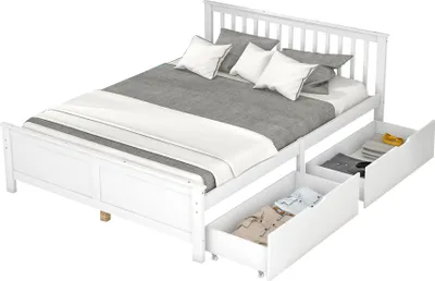 Produktbild von Abrihome Klassisches Bett 140x200cm Doppelbett mit Lattenrost und 2 Schubladen, Jugendbett aus Kiefernholz, Weiß