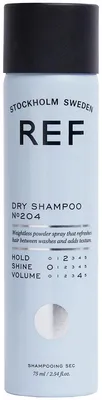 Obrázek produktu pro REF 204, 75 ml, Suchý šampón, Ženy, Normální vlasy, Mastné vlasy, Odmašťovač, Dimethyl Ether, Alcohol Denat., Aluminum Starch Octenylsuccinate, Silica, Helianthus Annuus...