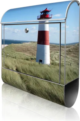 Produktbild von banjado Design Briefkasten Stahl silber mit Zeitungsfach pulverbeschichtet "Leuchtturm" 38x46x12,5cm & 2 Schlüssel - Postkasten A4 Einwurf inkl. Montagematerial [BK 10082]