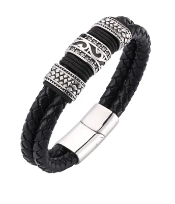 Produktbild von Herrenarmband Leder Edelstahl Armband Magnetverschluss Schwarz Silber 23Cm