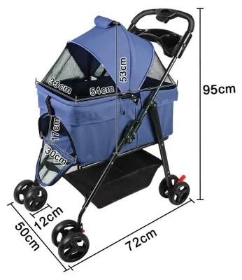 Produktbild von Tierbuggy - Faltbarer Hunde- und Katzenwagen - Becherhalter und Korb - Räder mit Bremse - Oxfordstoff und Stahlrahmen - 50 x 65 x 99 cm - Blau