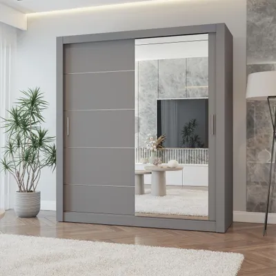 Produktbild von Schwebetürenschrank LION, Schlafzimmer, Kleiderschrank Schrank 180 cm Grau/Grau mit Spiegel, alufarbene PVC-Griffe