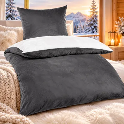 Produktbild von Bettwäsche Winter Flausch Cashmere Touch Uni Wende warm 2 teilig 135x200 mit RV Farbe Anthrazit / Weiss