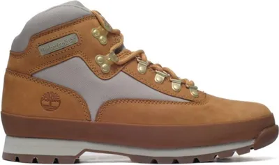 A side view of a brown Timberland Euro Hiker boot against a white background.