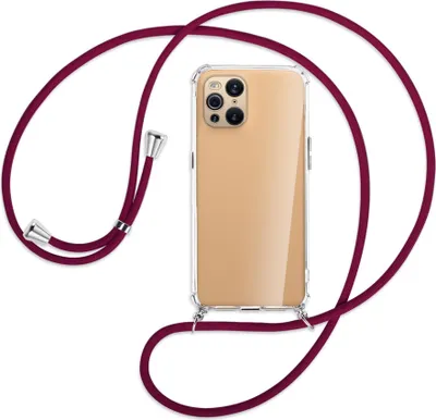Produktbild von Handykette Backcover-Schutzhülle mit Band (Metall silberfarben) für Oppo Find X3 Pro - dunkelrot