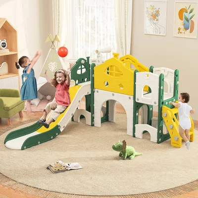 Immagine prodotto di Scivolo per bambini UnboxG, scivolo 7 in 1 per bambini, con canestro, basket, struttura per arrampicata da giardino, telescopico, portaoggetti, arco per gattonare, per 18-36 mesi, scivolo extra lungo 1530 mm