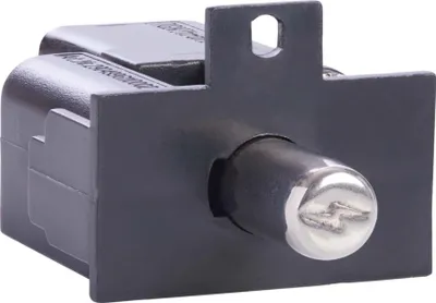 A close-up studio shot of a black electrical component with a silver knob.