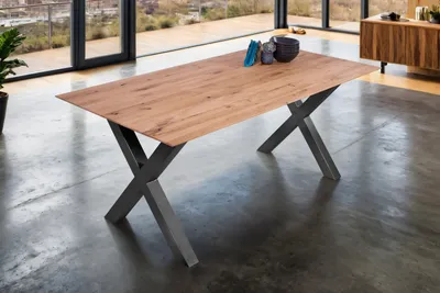 Produktbild von Esszimmertisch Schweizer Kante / gerade Ecken massiv & geölt Eiche 180x90 schwarz X-Gestell Lotte