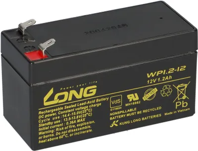 A black rechargeable sealed lead-acid battery with yellow and white text and logos on a white background.